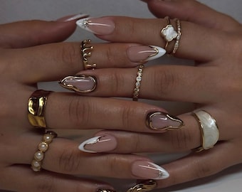 24K Gold Press on Nails White/Medium Almond Prom Birthday Wedding Nails/Handmade French Tip Gel Nails/Custom Faux Acrylic Nails/Gift for Her