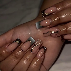 Gold Chrome French Press on Nails/Handmade Gel Nails In Long Square/Glue On Nails/Summer Nails/Birthday Holiday Prom Faux Nails/Gift for Her