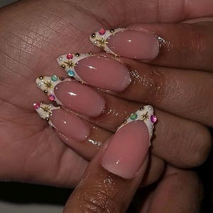 Rhinestone French Tip Press On Nails/Handmade Gel Nails In Medium Almond/Glue On Nails/False Nails/Birthday Wedding Prom Nails/Gift for Her