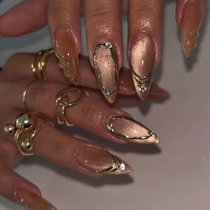 Bronzed Cat Eye Press On Nails/Handmade Gel Nails In Medium Almond/Glue On Nails/False Nails/Birthday Wedding Date Night Nails/Gift for Her