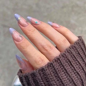 SHIP FAST/Blue Celestial Press On Nails/Handmade Gel Nails In Medium Almond/Glue On Nails/Birthday Wedding Summer Faux Nails/Gift for Her