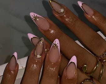 Pink French Tip Press On Nails/Handmade Gel Nails In Medium Almond/Glue On Nails/Summer Nails/Birthday Wedding Prom Faux Nails/Gift for Her