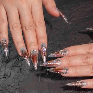 Cyber Goddess 3D Press On Nails/Handmade Long Stiletto Fake Nail/Gothic Style Nails/Y2K Handpainted False Nail/Trending Metallic Fake Nails