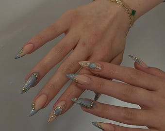 Luxe Galaxy-Inspired Press On Nails/Handmade Gel Nails In Long Almond/Glue On Nails/False Nails/Birthday Wedding Prom Nails/Gift for Her