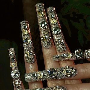 Luxury Rhinestone XL Press on Nails/ Handmade Long Square Nails/ Y2K Nails/ Lux Press on Nails/Acrylic Press on Nails/Gift for Her/Nails Art