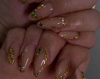 Lux Gold Frame Press On Nails/Handmade Gel Nails In Medium Almond/Glue On Nails/Summer Nails/Birthday Wedding Prom Faux Nails/Gift for Her