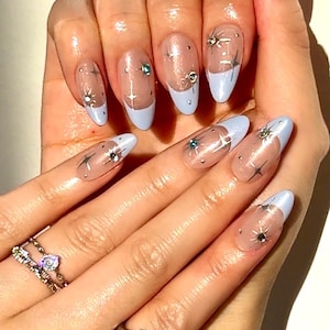Blue Celestial Press on Nails Medium Almond/Handmade Press On Nails/Acrylic Press on Nails/Elegant Nail Art for Holiday, Party, Birthday