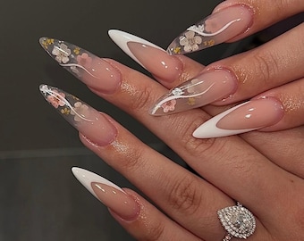 Floral French Tip Press On Nails/Long Almond Fake Nails/Acrylic Nails Press On/Handmade Gel Nails/Bridal，Birthday，Prom Nails/Gift for Her