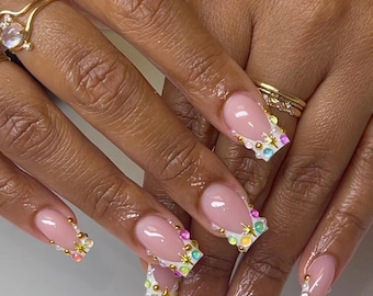 Rhinestone French Tip Press On Nails/Handmade Gel Nails In Short Square /Glue On Nails/False Nails/Birthday Wedding Prom Nails/Gift for Her