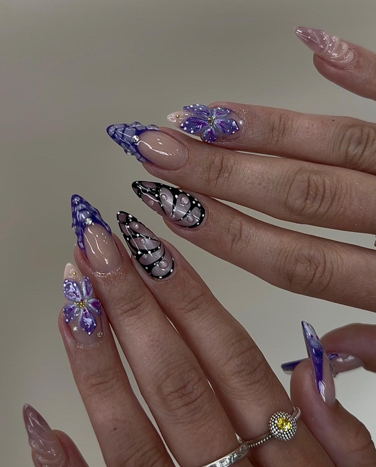 Dark Purple Nails with 3D Crystal Magic
