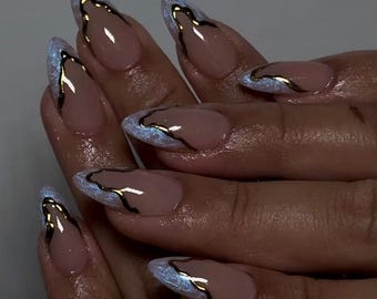 Dreamy Blue Medium Almond Press on Nails /Handmade French Tips Press ons /Lux Gel Nails /Acrylic Press on Nails /Glue On Nails /Gift for Her