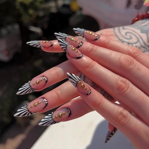 Zebra Print Press On Nails with Gold Studs/Handmade Gel Nails In Long Stiletto/Reusable Long Press Ons/Night Out Faux Nails/Gift for Her