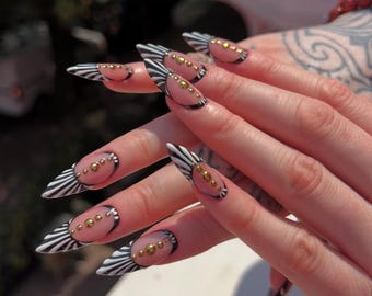 Zebra Print Press On Nails with Gold Studs/Handmade Gel Nails In Long Stiletto/Reusable Long Press Ons/Night Out Faux Nails/Gift for Her
