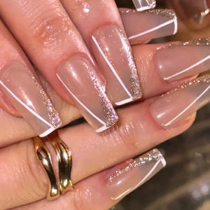 Gold Glitter Press on Nails/Handmade Gel Nails In Long Square/Glue On Nails/Summer Nails/Birthday Wedding Prom Faux Nails/Gift for Her