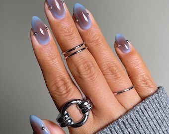 Icy Blue Aura Press On Nails/Handmade Gel Nails In Short Almond/Glue On Nails/Summer Nails/Birthday Holiday Party Faux Nails/Gift for Her