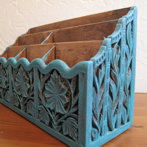 UPcycled Vintage Desk Organizer, Craft Storage, Card HOlder,  Handfinished, Distressed in Turquoise