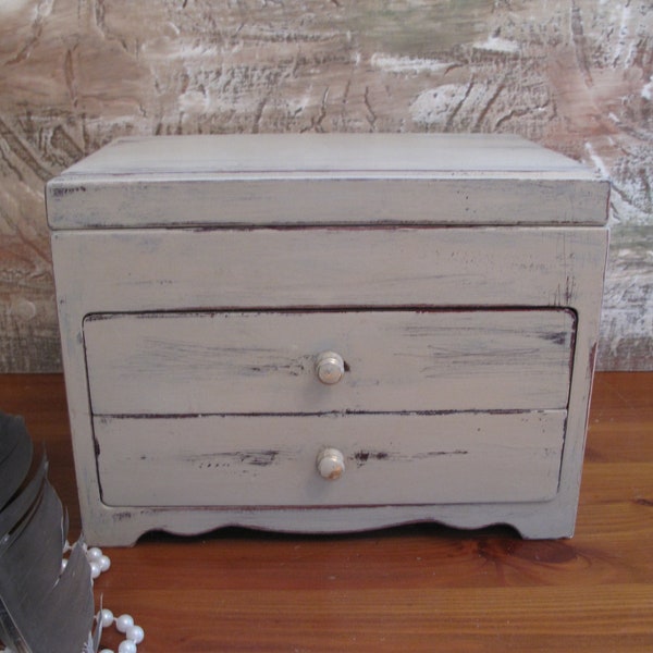 Handfinished Wood Jewelry Box, Distressed in French Linen, Gift,