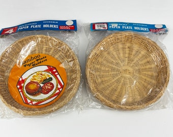 Wicker Straw Rattan Paper Plate Basket Holders Set of 8 Retro Kitsch