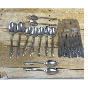 May include: A set of stainless steel flatware including six dinner knives, two large spoons, and seven smaller spoons. Each piece features a polished silver finish and a subtle, etched floral pattern on the handle, arranged in a neat display.