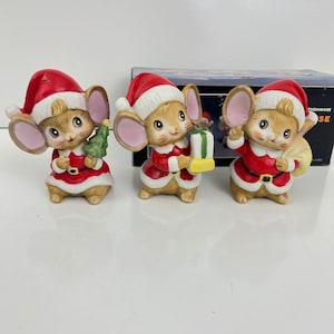 New Set of Three Vintage Homco Christmas Mice, Santa Mouse Figurines # 5405