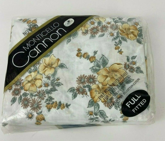 Cannon Full Fitted Bottom Sheet Vintage Floral Yellow Gold NOS