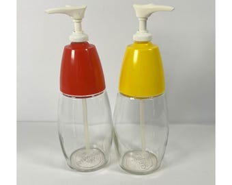 Vintage GEMCO Ketchup Mustard Glass Dispensers Red Yellow 8 in