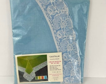 Vintage Blue Vinyl Tablecloth: Lace Border, Flannel Back (60x90, NOS)