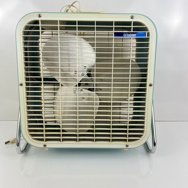 Vintage Windsor Metal Box Fan 3 Speed With Adjustable Stand Blue