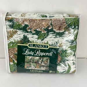 Vintage Lady Pepperell Leopardmönstrad Filt: Twin/Full NOS Grön Brun