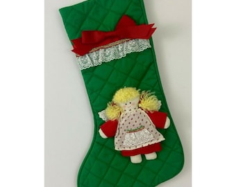 Vintage Christmas Stocking Rag Doll Quilted Green Shabby Cottage Holiday Decor House of Hatten