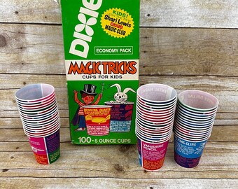 Vintage Dixie 1976 papieren goocheltrucbekers voor kinderen, open originele doos