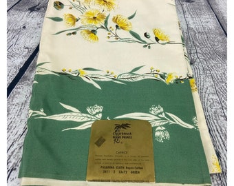 Vintage California Hand Prints Tablecloth 53 x 72 Rayon Cotton Green Floral 1950s