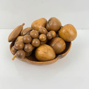 Vintage MCM Wood Bowl Carved Wooden Fruit Monkey Pod Table Centerpiece Grape
