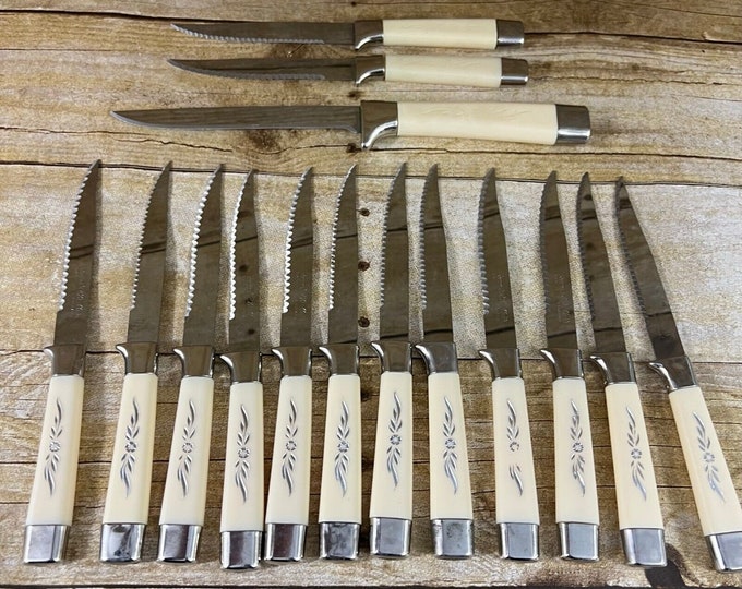 Vintage REGENT SHEFFIELD Set of 14 Stainless Steak Knives Ivory England