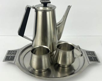 Mid Century Modern Stainless Steel Coffee Tea Set Tray Black Scroll MCM Retro