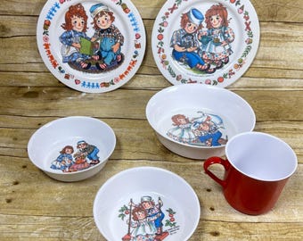 Vintage Raggedy Ann & Andy Kids  6 piece Dish set Oneida Bowls Plate Dinnerware