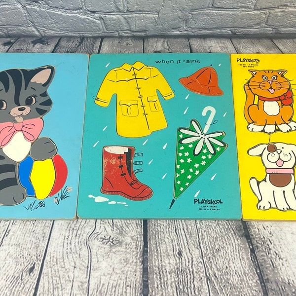 Vintage Playskool Puzzels Houten Lade Katten Honden Regenjas Laarzen Paraplu Konijn Bunny Kitty