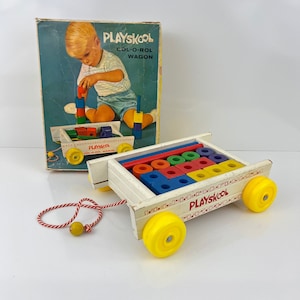 vintage Playskool Col-O-Rol Wagon with Wood Blocks 60s-70s Pull along Toy