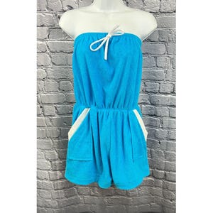 Vintage badstof tube top romper cover-up short maat XL jaren 80 strand blauwe strepen