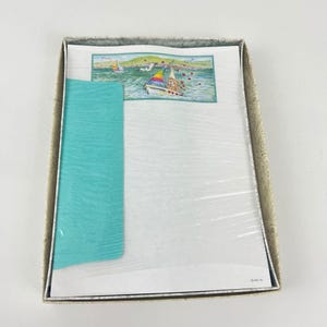 Vintage Carlton Cards-briefpapierset met verzegeld zeilboot- en beerontwerp
