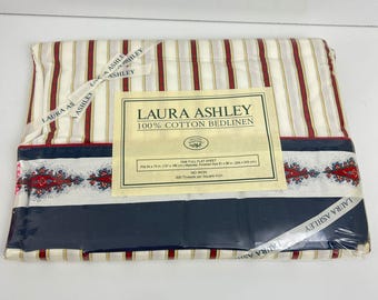 Vintage Laura Ashley India Full Flat Top Sheet Stripes NOS 1990