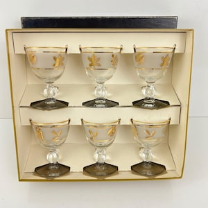 Vintage Libbey Golden Foliage 6 Piece  4 oz  Cocktail Glass  Set Box