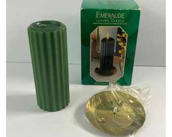 Vintage Emeraude Luxury Candle Set Green Pillar Brass Holder NOS In Box Gift