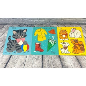 Vintage Playskool Puzzles Wooden Tray Cats Dogs Raincoat Boots Umbrella Rabbit Bunny Kitty