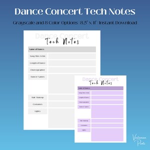Puede incluir: Dos plantillas de notas técnicas de concierto de danza imprimibles de 8,5 x 11 pulgadas. Las plantillas están en escala de grises y tienen un fondo morado. Las plantillas incluyen secciones para el nombre de la danza, el título y el artista de la canción, la duración de la danza, el coreógrafo, los nombres de los bailarines, el cabello y el maquillaje, los vestuarios y las luces.
