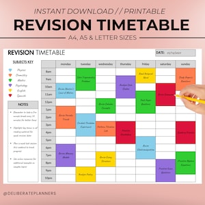 Simple Revision Timetable | Study Planner | Printable Timetable Template for Students | Weekly Schedule | A4 A5 US Letter | Digital Download