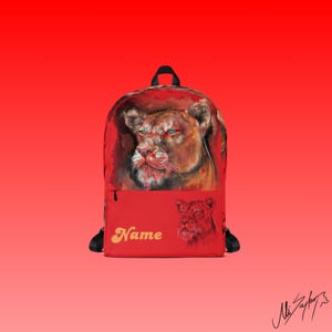 Sac à dos cadeau personnalisé Lion rouge, sac à dos à imprimé animal dessiné à la main pour tous les jours Sac à prénom, sac à prénom tendance, cartable - Série Cloud
