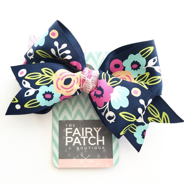 Navy floral hair bow for girls, 4 inch boutique bow
