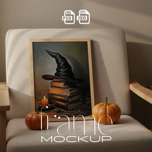 Minimalist Autumn Halloween Frame Mockup | Modern Scandinavian Interior | Vertical Wood Frame PSD for Fall Art & Posters A3 A4 5:4 Ratio