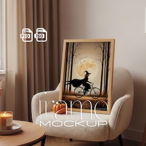 Cozy Autumn & Simple Halloween Frame Mockup | Modern Living Room Display | Vertical Wood Frame PSD for Fall Art  A4 Posters 5:4 Ratio